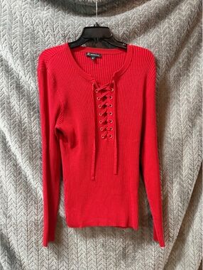 INC International Concepts Women's Red Lace-Up Ribbed Sweater XL
